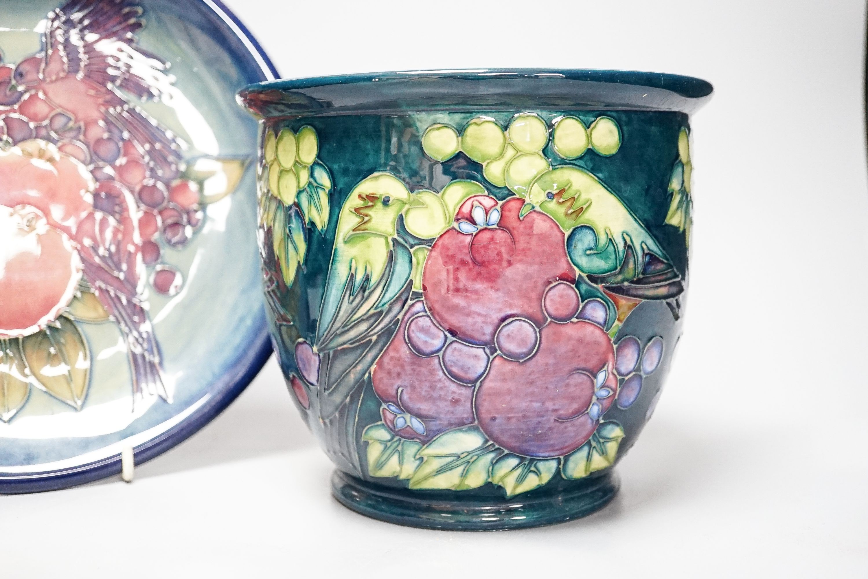 A Moorcroft Finches pattern jardiniere, 16cm high, and a similar Moorcroft dish, circa 1990's